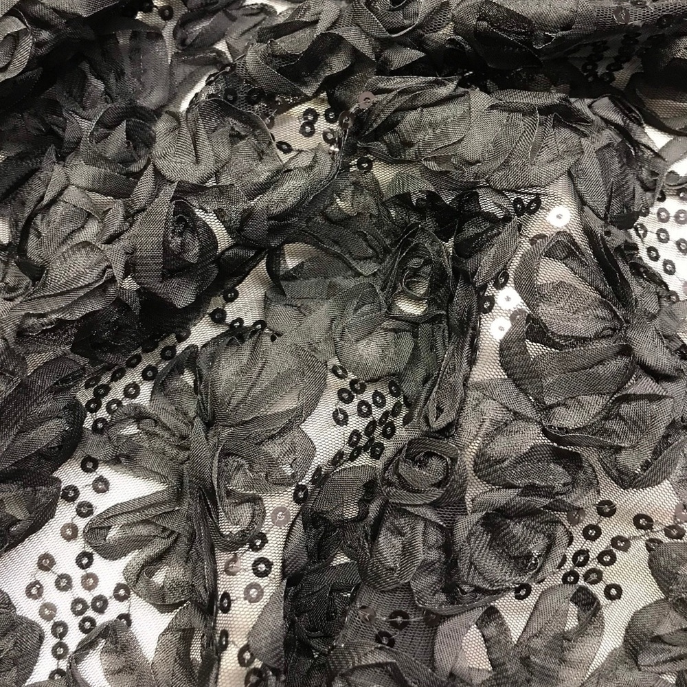 1 YD Black Floral Ribbon 2 Way Stretch Lace with Black Sequins Black Mesh Fabric - Picture 5 of 7